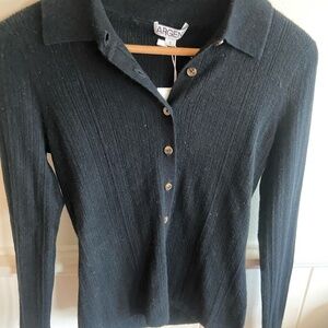 ARGENT Black Ribbed Button Front Long Sleeve Wool Top Size S
